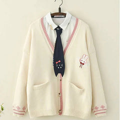 Rabbit Embroidered Solid Color V-neck Cardigan