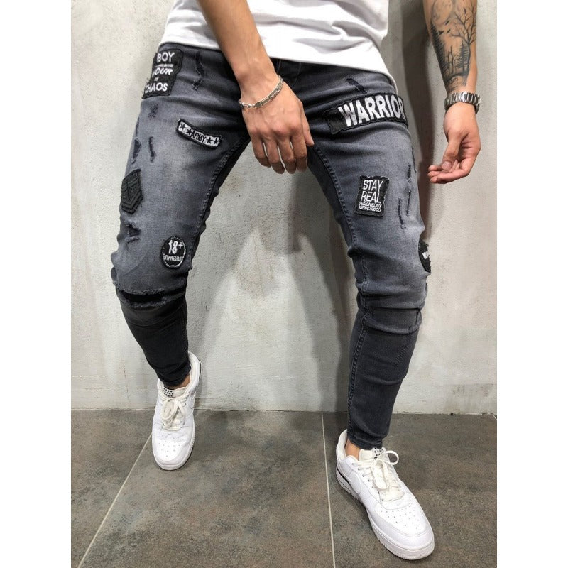 Casual Men's Badge Patch Skinny Denim Jeans