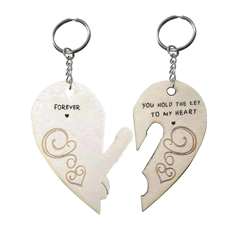 Wooden Love Keychains Couple Heart Engraved Token Gift Pendant