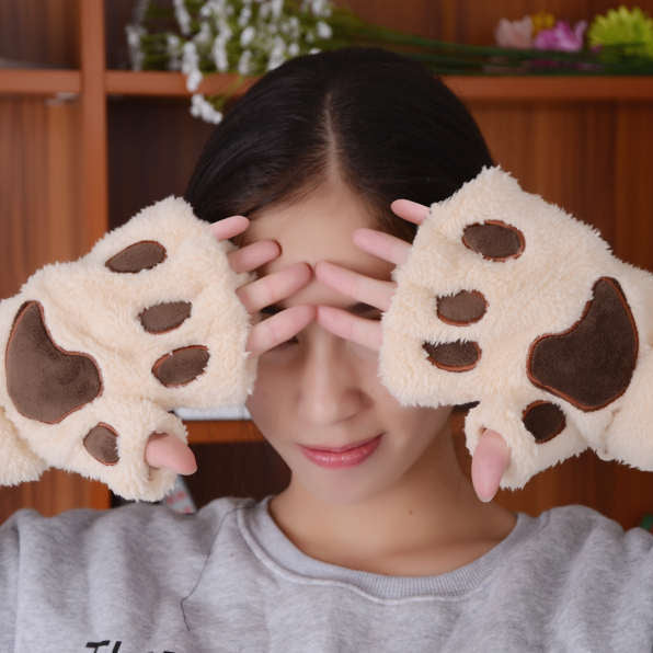 Half-fingered Cartoon Bear Cat Paws Fluff Gloves