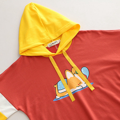 Kawaii Cartoon Dog Print Letter Color Block Hoodie