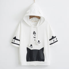 Cute Preppy Style Cartoon Cat Drawstring Hooded Shirt