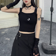 Chic Girls Black Moon Embroidered Knitted Outerwear Tank