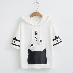 Cute Preppy Style Cartoon Cat Drawstring Hooded Shirt