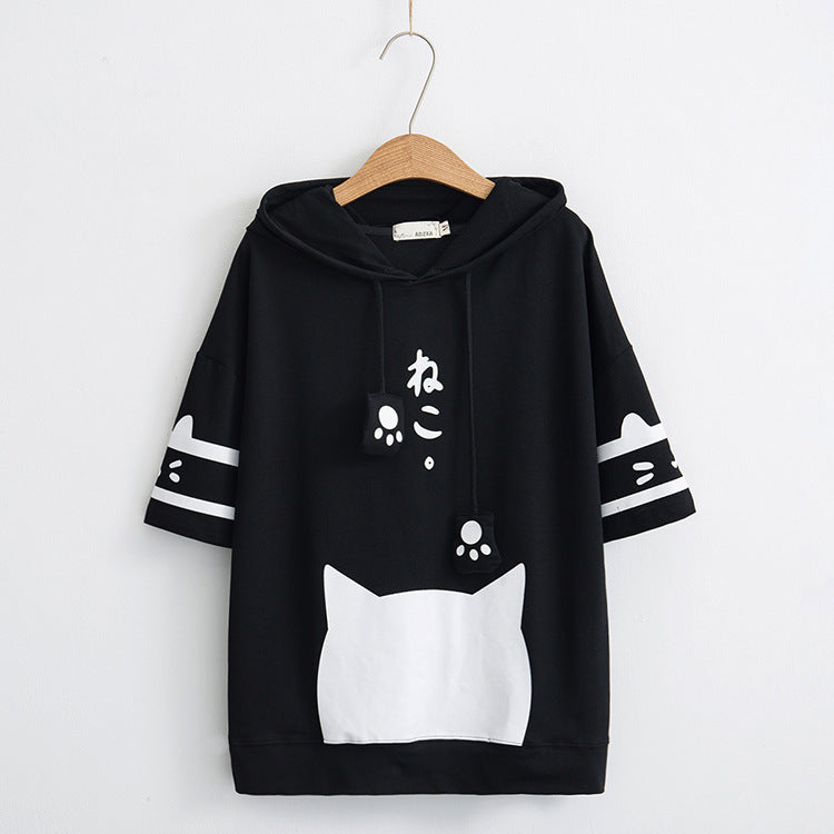 Cute Preppy Style Cartoon Cat Drawstring Hooded Shirt