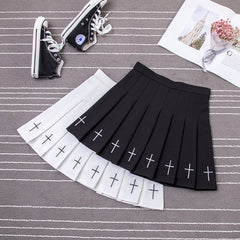 Punk Style Cross Embroidery High Waist Pleated Skirt