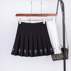 Punk Style Cross Embroidery High Waist Pleated Skirt