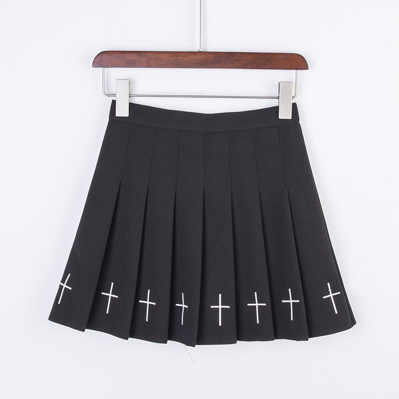 Punk Style Cross Embroidery High Waist Pleated Skirt