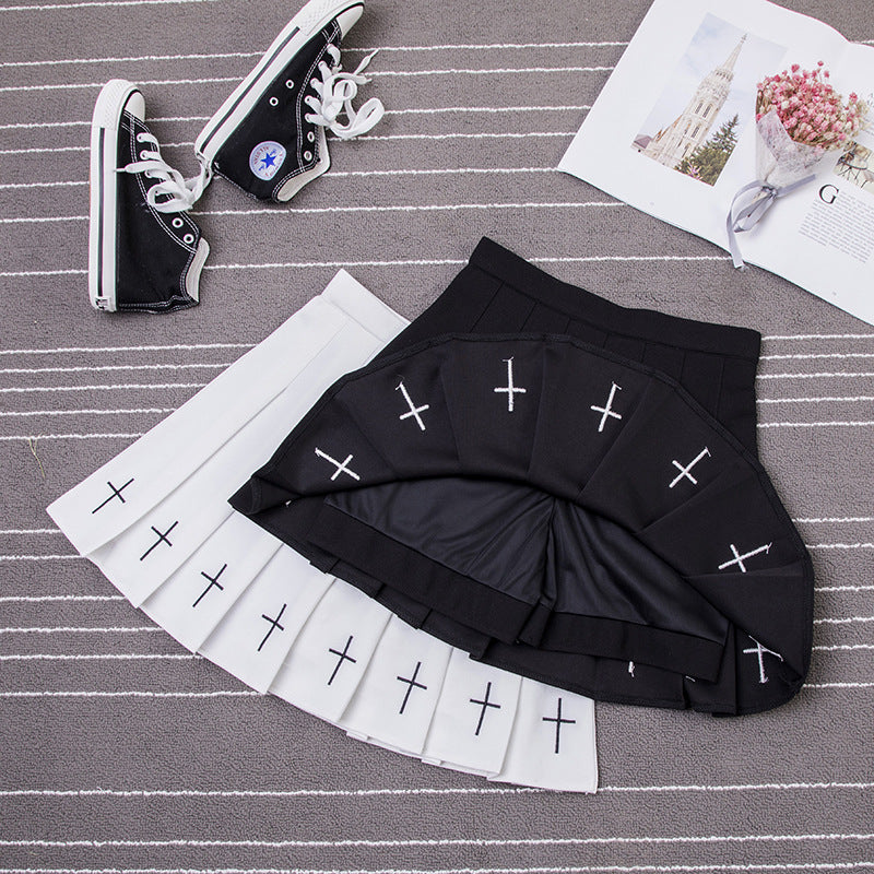 Punk Style Cross Embroidery High Waist Pleated Skirt