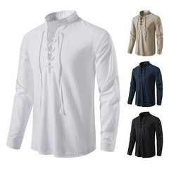 Stylish Men's Hippie Collar Drawstring Long Sleeve Shirt