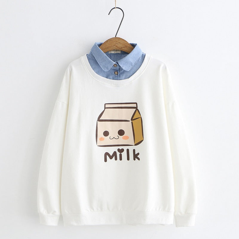 Fresh Girls Milk Box Fake Two-piece Sweatshirt