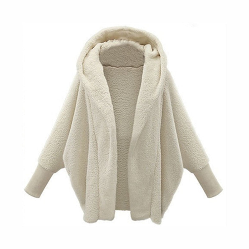 Women's Solid Color Long Sleeved Hooded Plush Coat