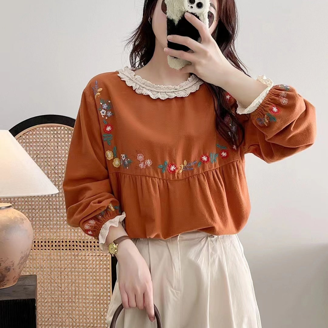 Floral Embroidered Women's Round Neck Hemp Base Shirt