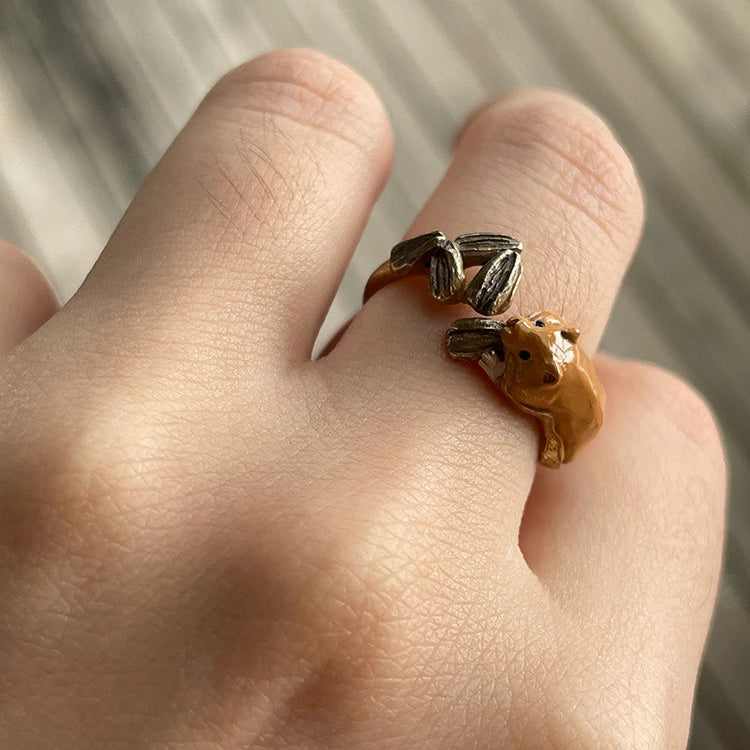 Cute Little Squirrel Swallowing Melon Seeds Open Ring