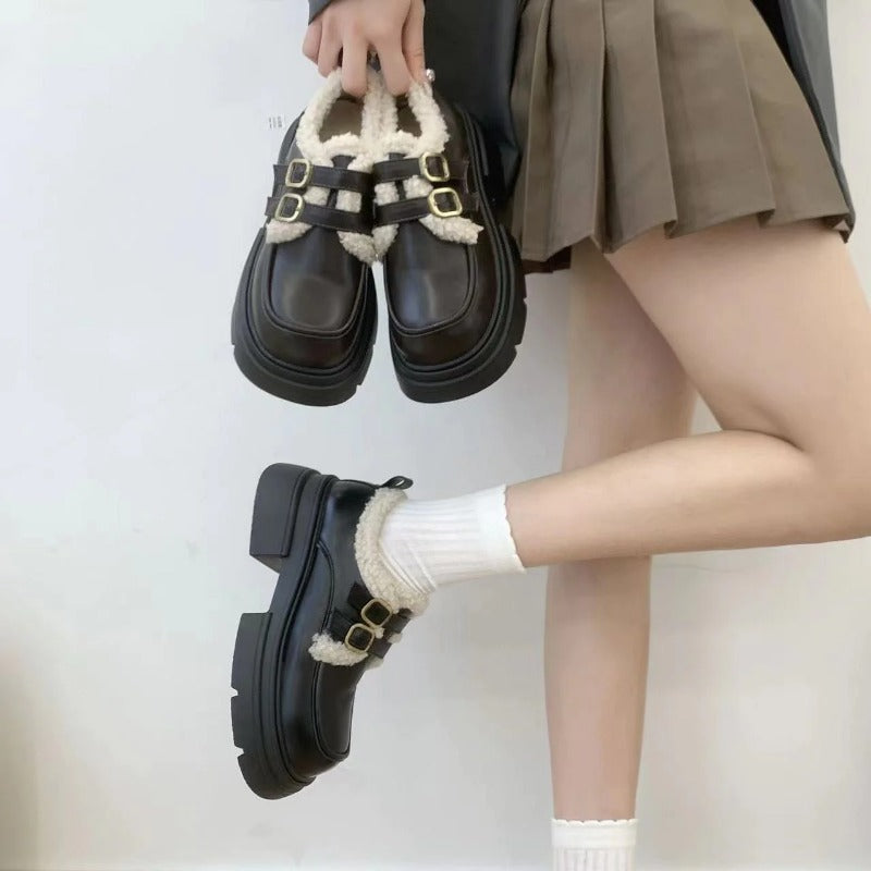 Trendy Plush Leather Versatile Thick Sole Mary Jane Shoes