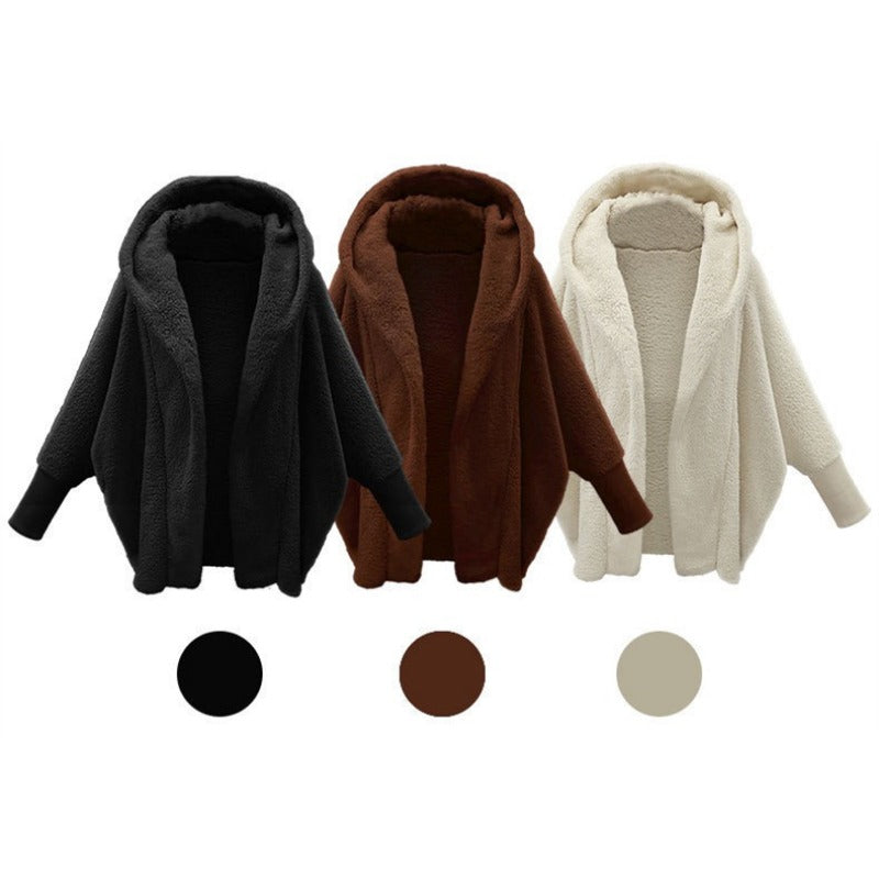 Women's Solid Color Long Sleeved Hooded Plush Coat