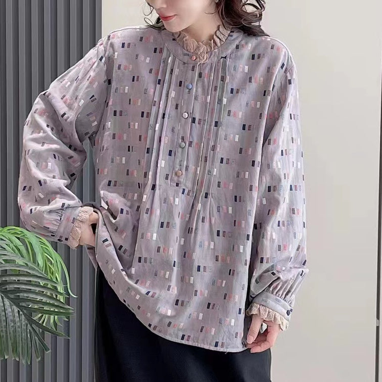 Japanese Style Lace Collar Pastoral Floral Print Shirt