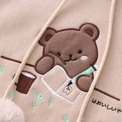 Trendy Fake Two Pieces Bear Embroidered Plush Hoodie