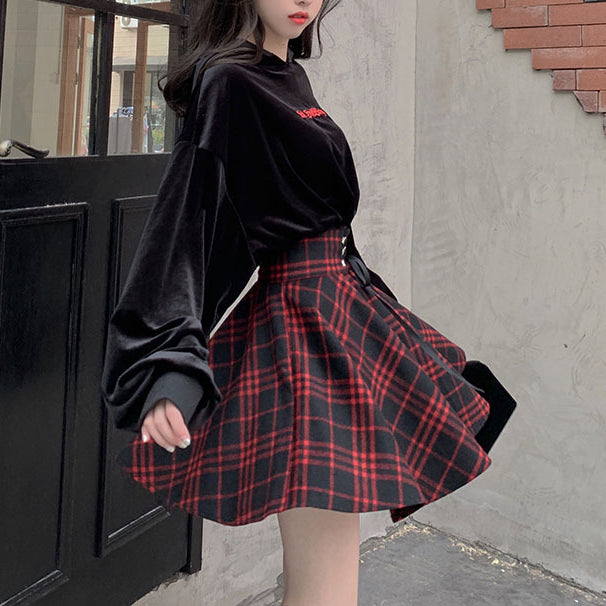 Girls' Red Plaid Woolen High Waist Fluffy Strappy Skirt