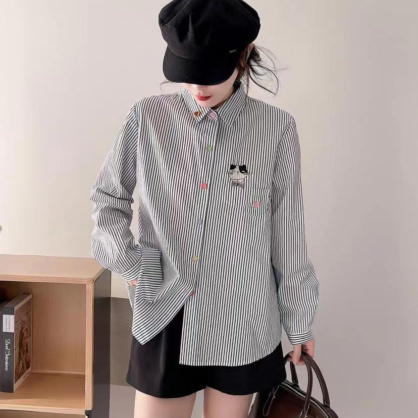 Versatile Cat Embroidered Long Sleeve Striped Shirt