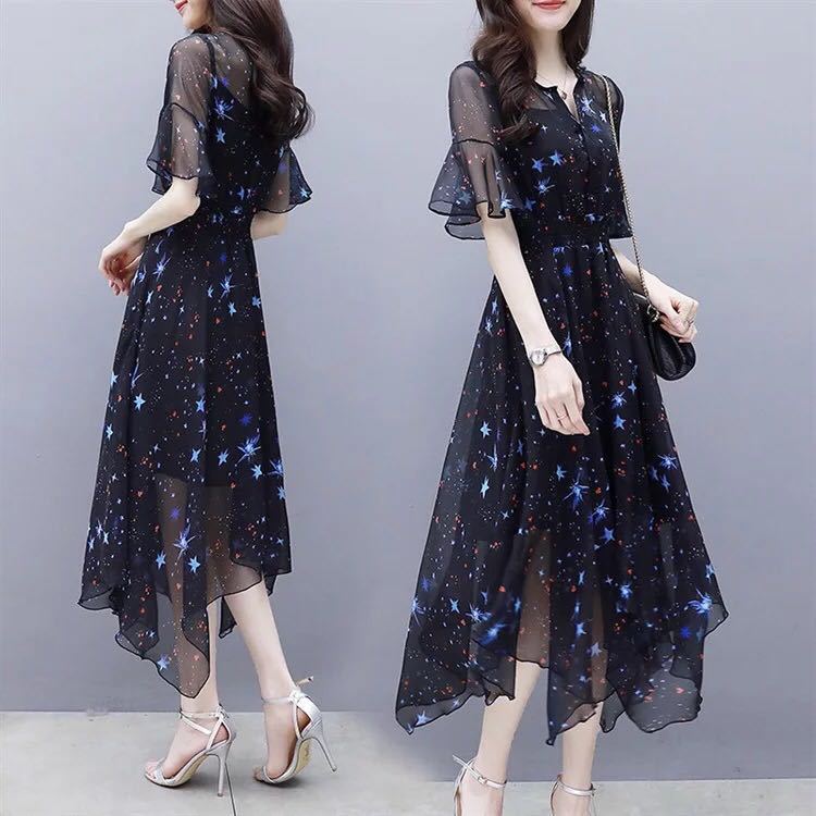 Women's Slim Mid length Flare Sleeves Irregular Chiffon Dress