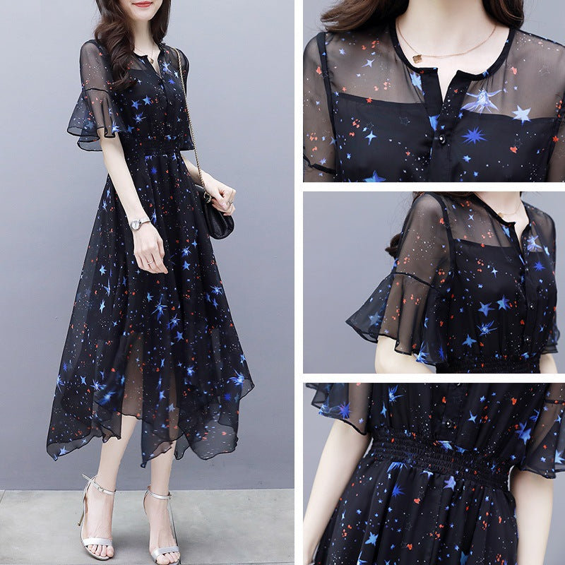 Women's Slim Mid length Flare Sleeves Irregular Chiffon Dress