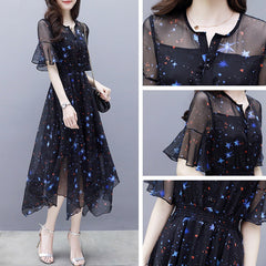 Women's Slim Mid length Flare Sleeves Irregular Chiffon Dress