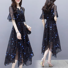 Women's Slim Mid length Flare Sleeves Irregular Chiffon Dress