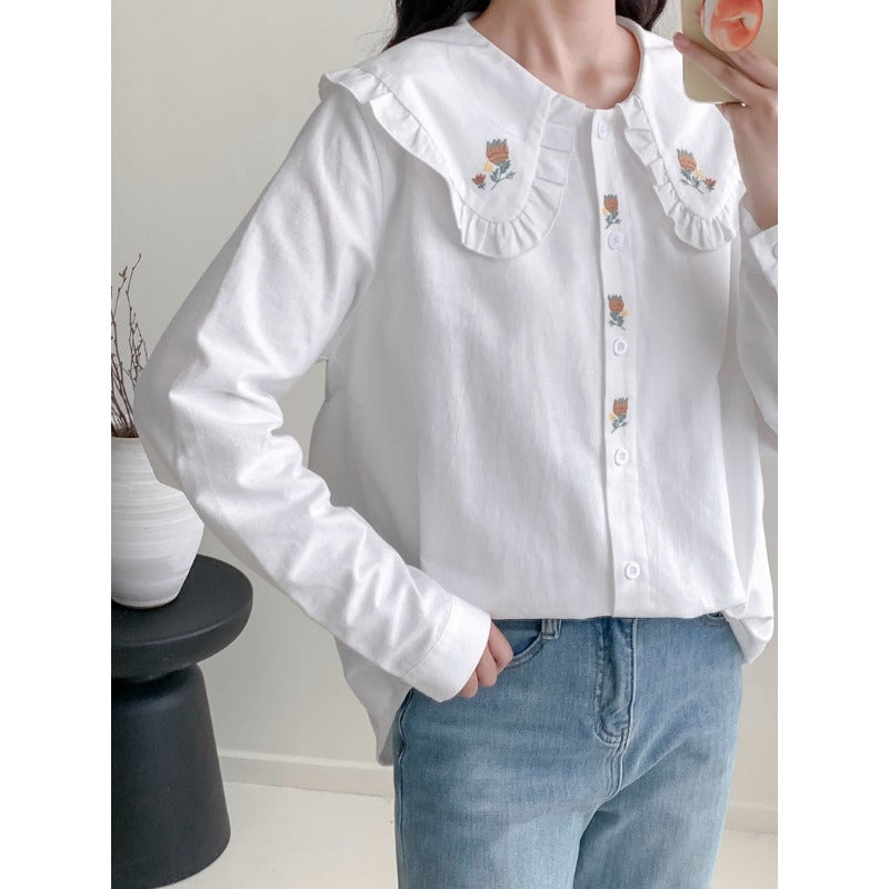 Japanese Mori Lace Panda Embroidered Lapel Loose Shirt