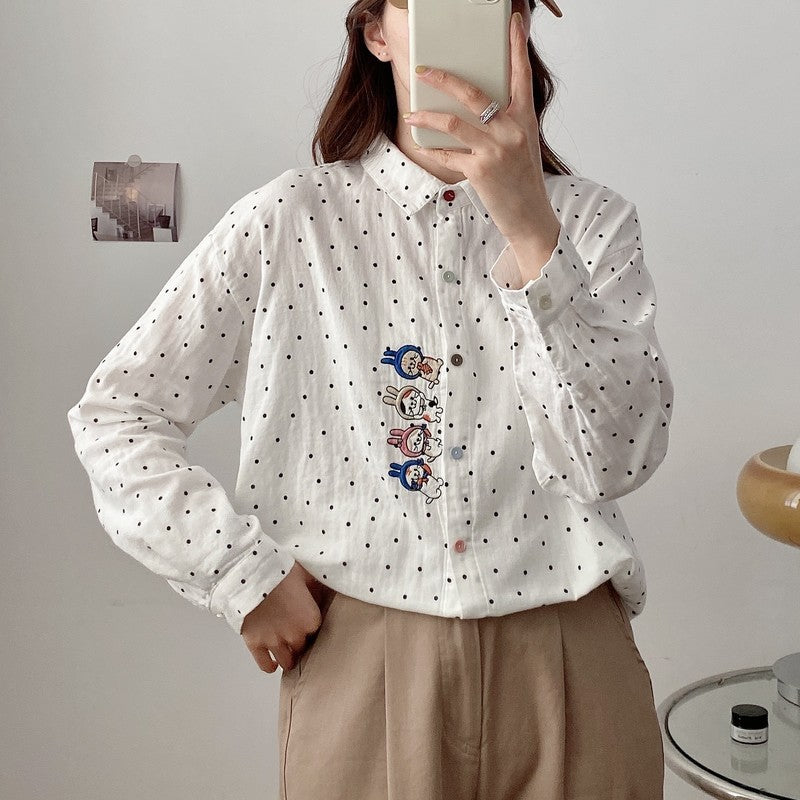 Japanese Mori Cute Bunny Embroidery Dotted Shirt