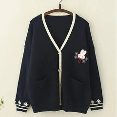 Rabbit Embroidered Solid Color V-neck Cardigan