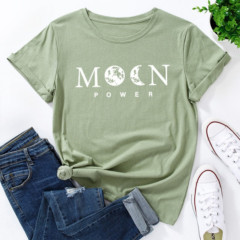 Women's Moon Power Print Loose Round Neck T-shirt