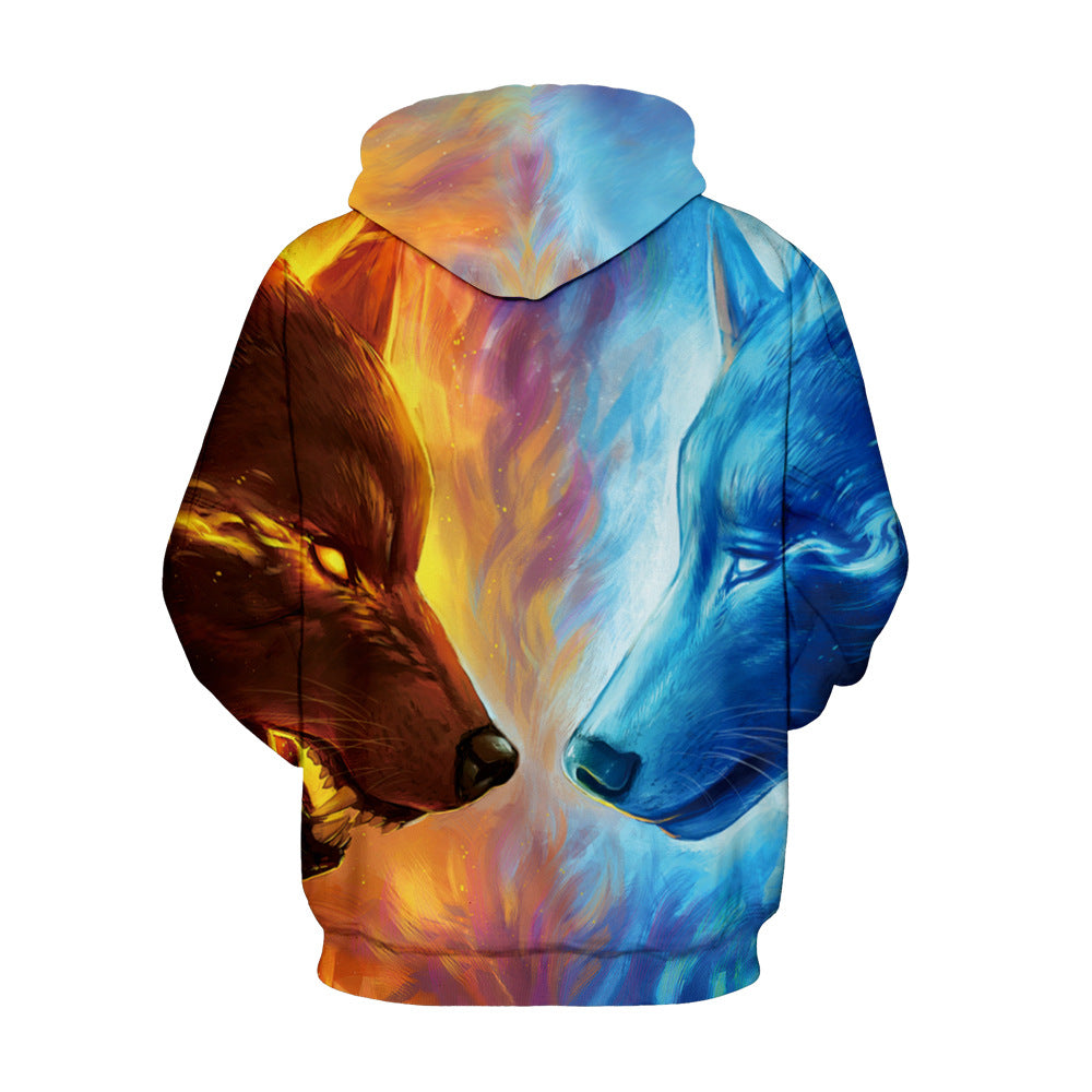 Chic Ice and Fire Wolf Digital Printed Hoodie