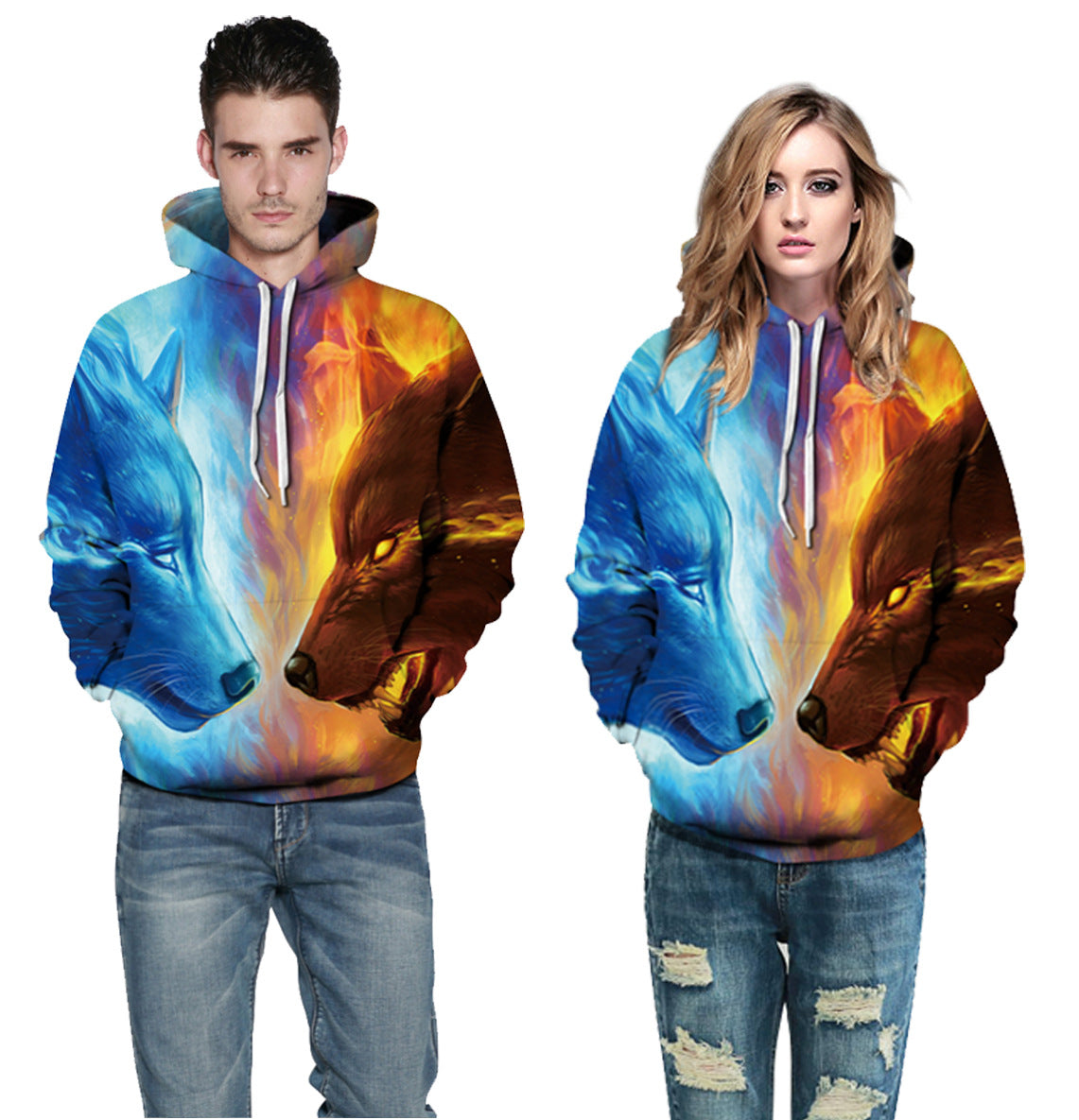 Chic Ice and Fire Wolf Digital Printed Hoodie