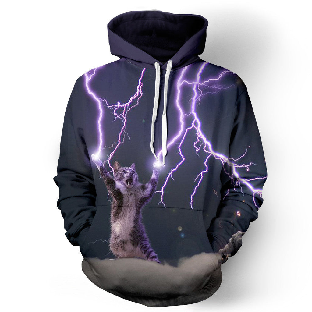 Unisex Lightning Cat Digital Print Loose Hoodie