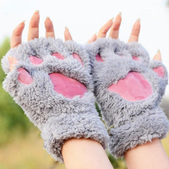 Half-fingered Cartoon Bear Cat Paws Fluff Gloves