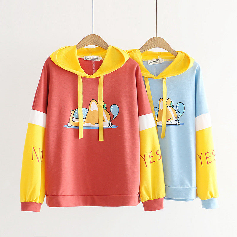 Kawaii Cartoon Dog Print Letter Color Block Hoodie