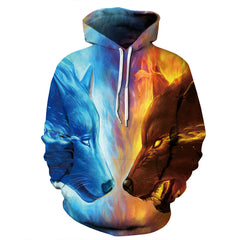 Chic Ice and Fire Wolf Digital Printed Hoodie