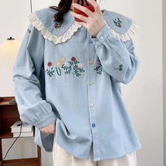 Fresh Floral Embroidery Lace Doll Collar Brushed Blouse