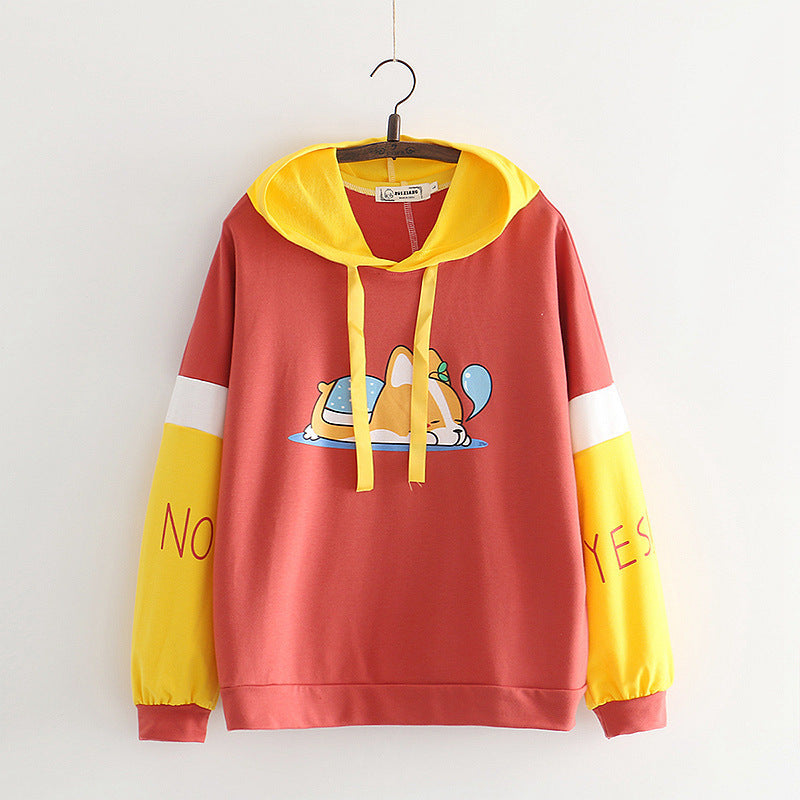 Kawaii Cartoon Dog Print Letter Color Block Hoodie