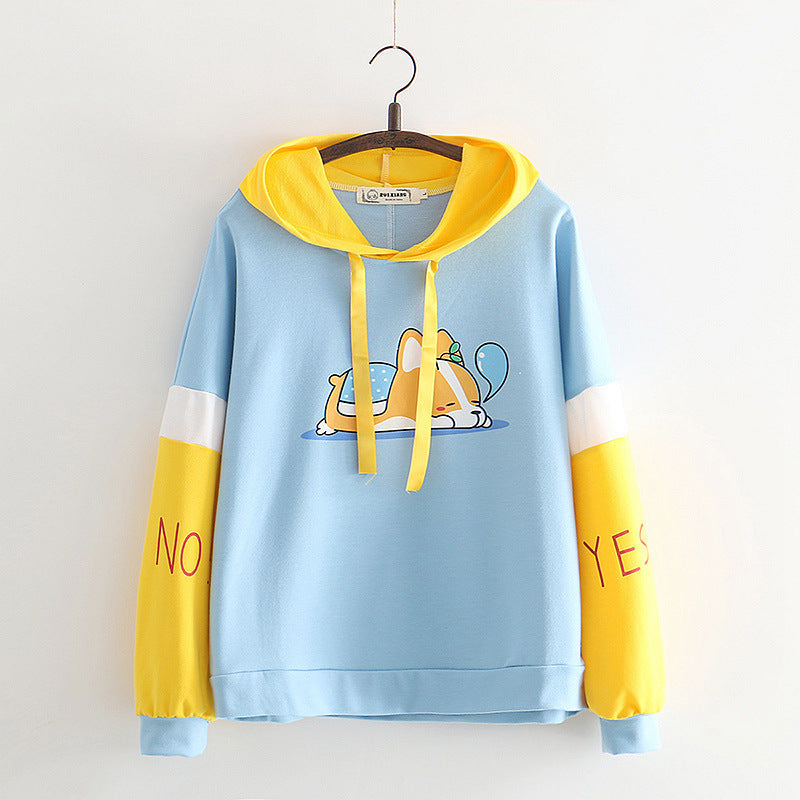 Kawaii Cartoon Dog Print Letter Color Block Hoodie