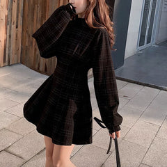 Retro Elegant Women's Plaid Tighten Waist Dress