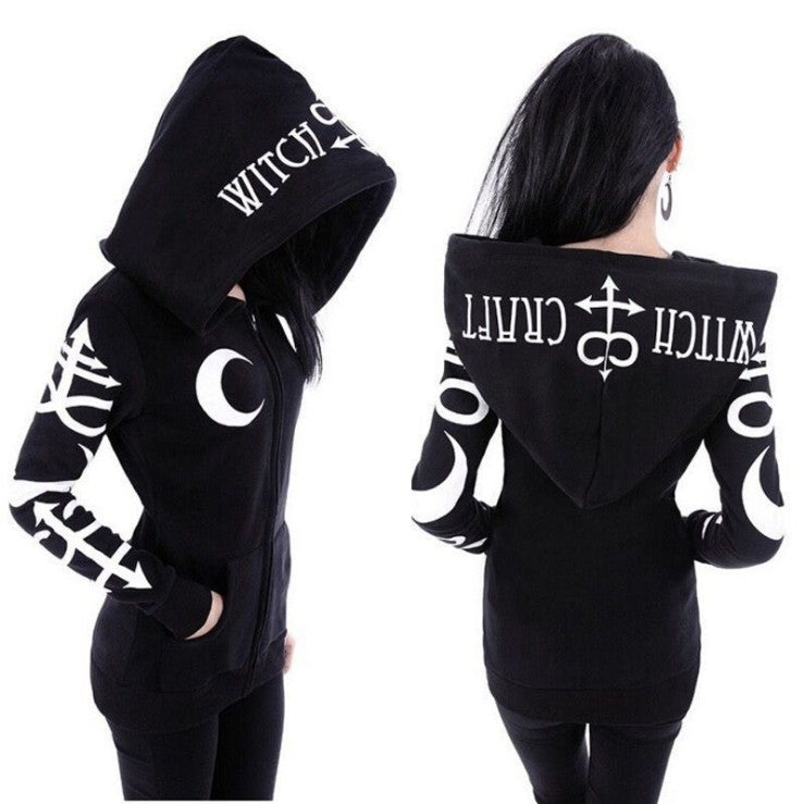 Witch Style Graphic Moon Letter Printed Black Hoodie