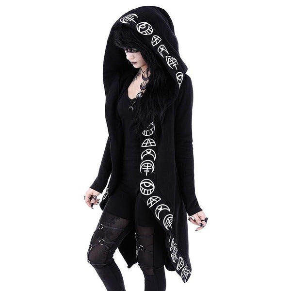 Women's Gothic Punk Style Moon Pattern Hooded Long Coat