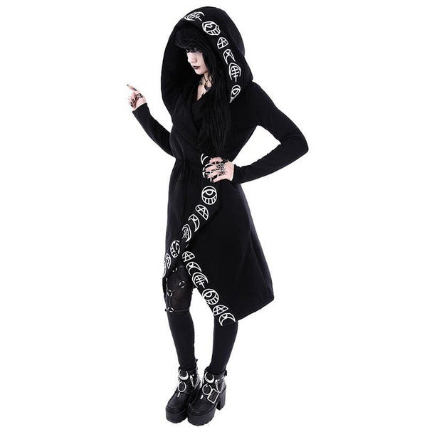 Women's Gothic Punk Style Moon Pattern Hooded Long Coat