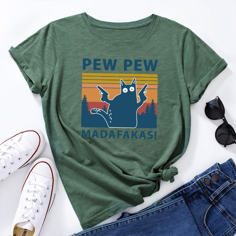 Stylish PEW PEW Cat Loose Round Neck T-shirt