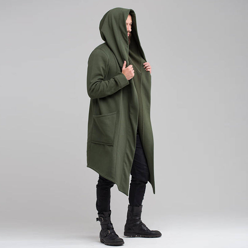 Men's Solid Color Fleece Cardigan Hooded Long Coat