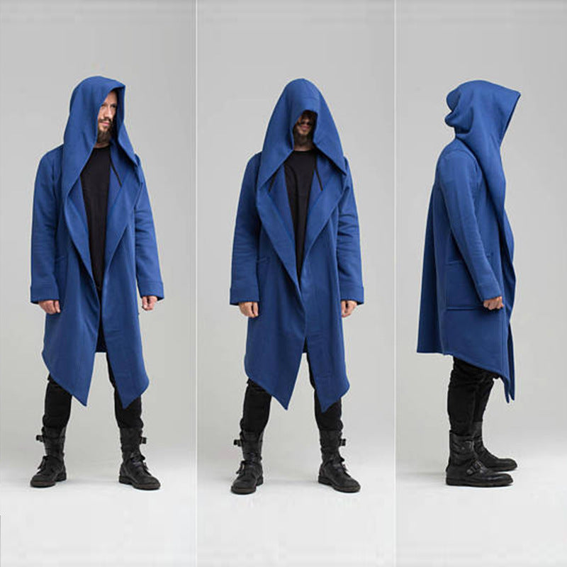 Men's Solid Color Fleece Cardigan Hooded Long Coat