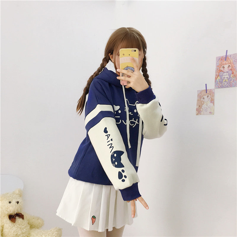 Japanese Mori Cute Cat Print Color Block Hoodie