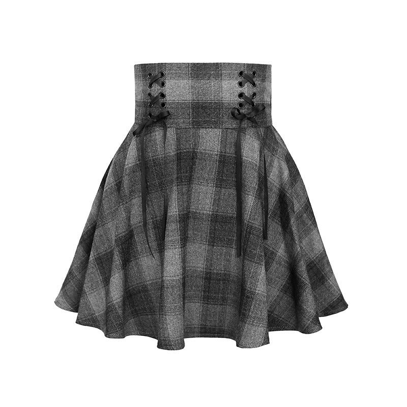 Dark Gray Plaid High Waist Straps High Waist Short Skirt